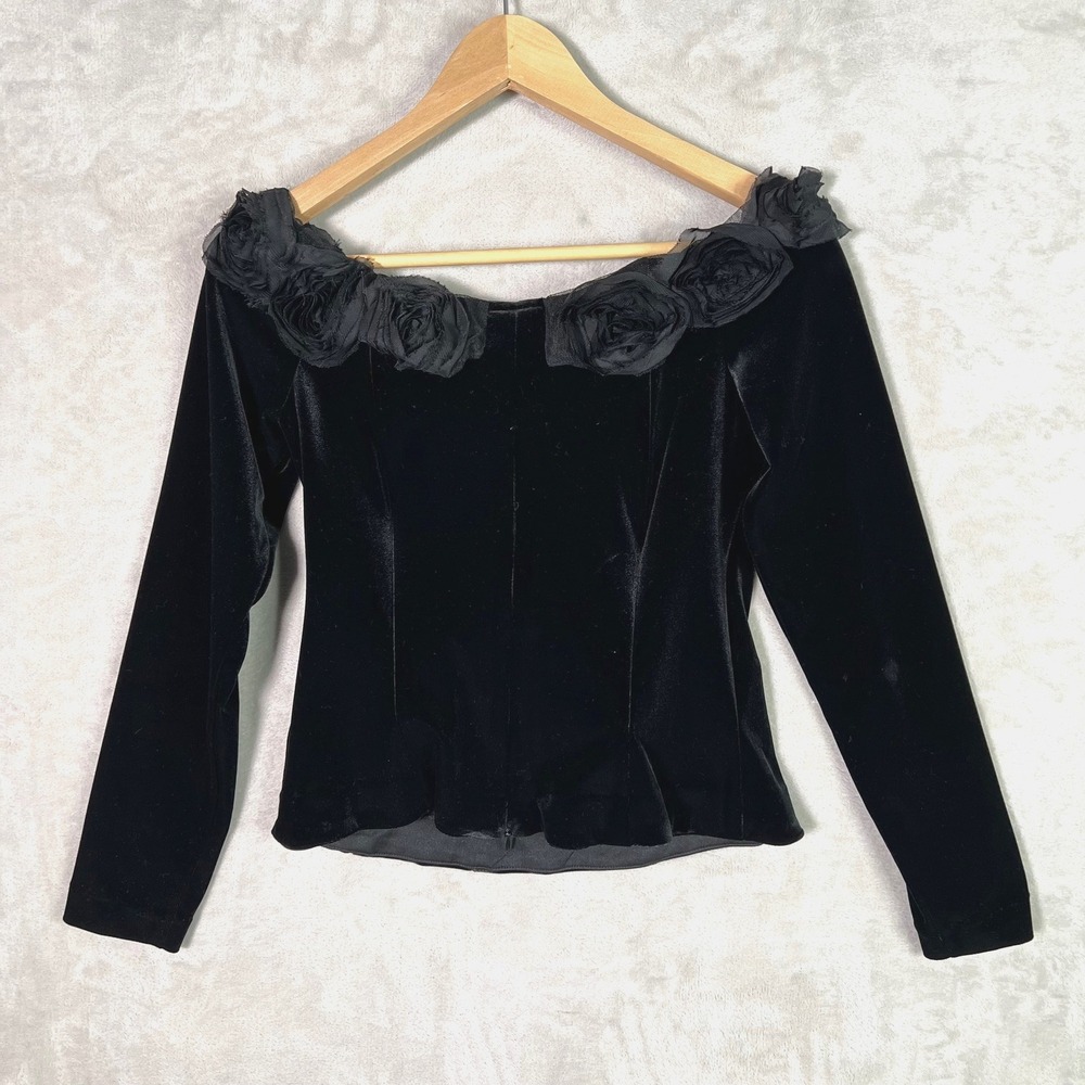 Vntg Y2K Black Velvet Off Shoulder Rosette Corset Top M Gothic Coquette Romantic - Picture 2 of 9